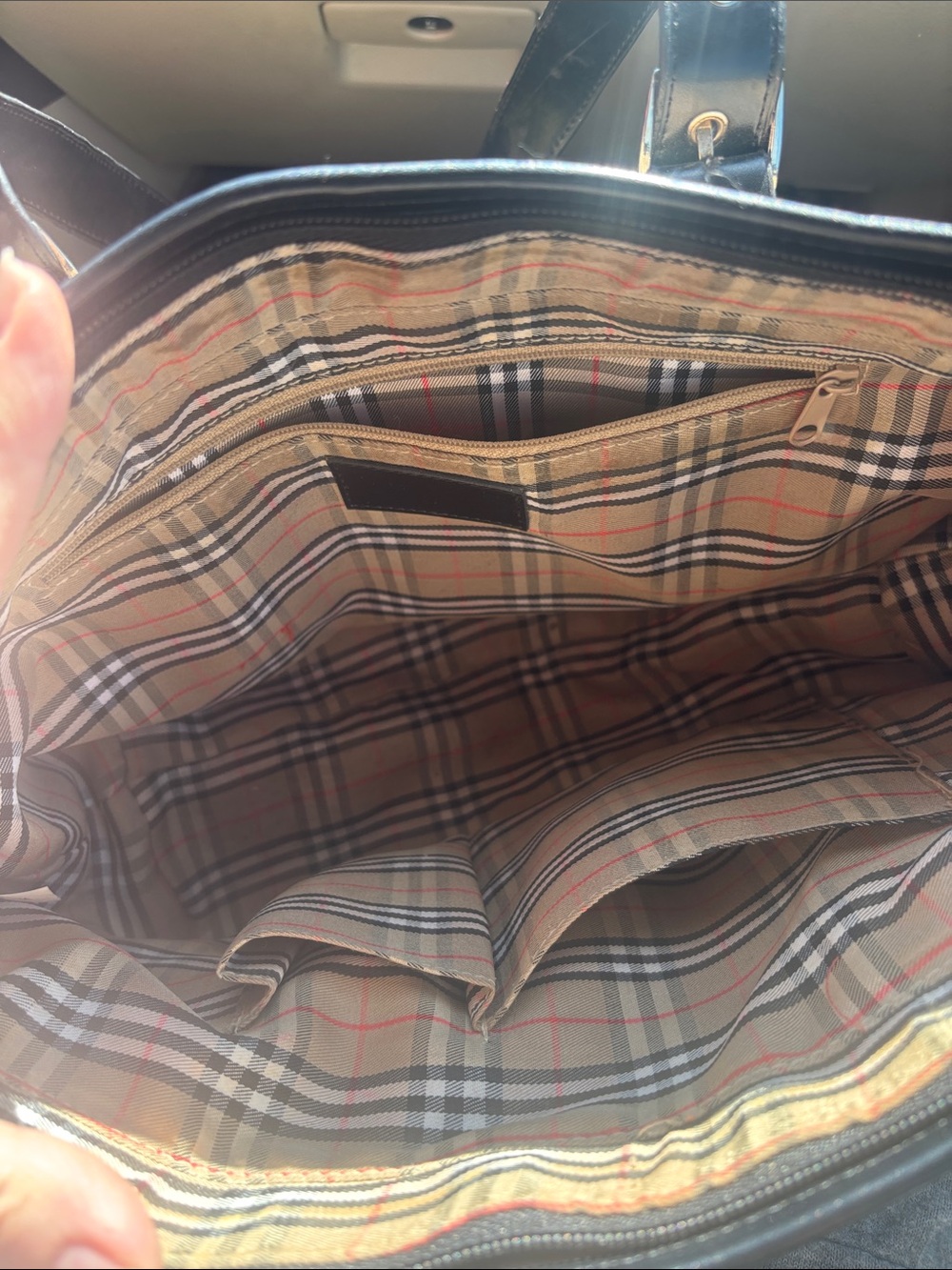 Burberry Tan Check Messenger Tote with Black Leather Trim - Picture 4 of 7